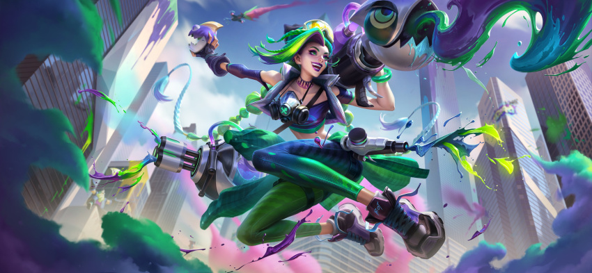 1girl :d absurdres asymmetrical_bangs bangs black_gloves blue_footwear blue_pants braid building character_name chromacrash_jinx collarbone day earrings explosive fingerless_gloves gatling_gun gloves goggles goggles_on_head gragas green_eyes green_hair green_pants grenade highres holding jewelry jinx_(league_of_legends) league_of_legends long_hair minigun multicolored_hair multicolored_pants official_art open_mouth outdoors pants pink_footwear purple_lips rocket_launcher second-party_source shoes smile solo_focus very_long_hair weapon