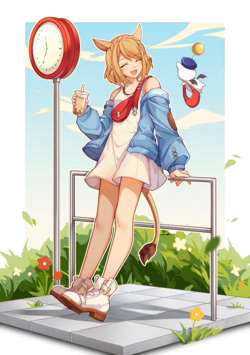1girl 9yuki :d ^_^ animal_ears avatar_(ff14) bare_shoulders blonde_hair blue_jacket boots braid bubble_tea cat_ears cat_girl cat_tail clock closed_eyes creature crown_braid cup disposable_cup drinking_straw elbow_patches fanny_pack final_fantasy final_fantasy_xiv flower flying full_body grass highres jacket leaning_back leaning_on_rail long_shirt long_sleeves miqo'te off_shoulder puffy_long_sleeves puffy_sleeves shirt short_hair sleeveless sleeveless_shirt smile street_clock tail white_footwear white_shirt yellow_flower