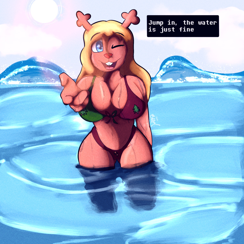 anthro beach beep! bikini bikini_bottom bikini_top cervid clothing deltarune dialogue dripping female hi_res humanoid lens_flare mammal noelle_holiday offering_hand offering_to_viewer outside sea seaside solo sunny swimwear talking_to_viewer undertale_(series) video_games water wet