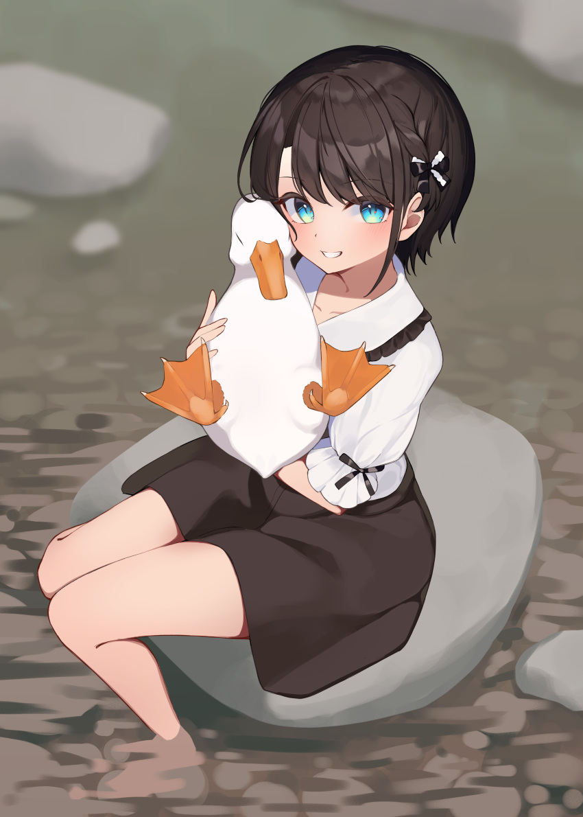 1girl absurdres alternate_costume aqua_eyes bangs barefoot bird black_skirt blurry blurry_background blush braid brown_hair brown_skirt collar collarbone collared_shirt commentary_request duck french_braid frilled_collar frilled_shirt_collar frilled_sleeves frills grin hair_ribbon hand_up highres holding hololive knees_together_feet_apart legs looking_at_viewer official_alternate_hairstyle oozora_subaru ribbon rock shirt short_hair short_sleeves sidelocks sitting skirt sl10_d smile soaking_feet solo swept_bangs teeth virtual_youtuber white_shirt