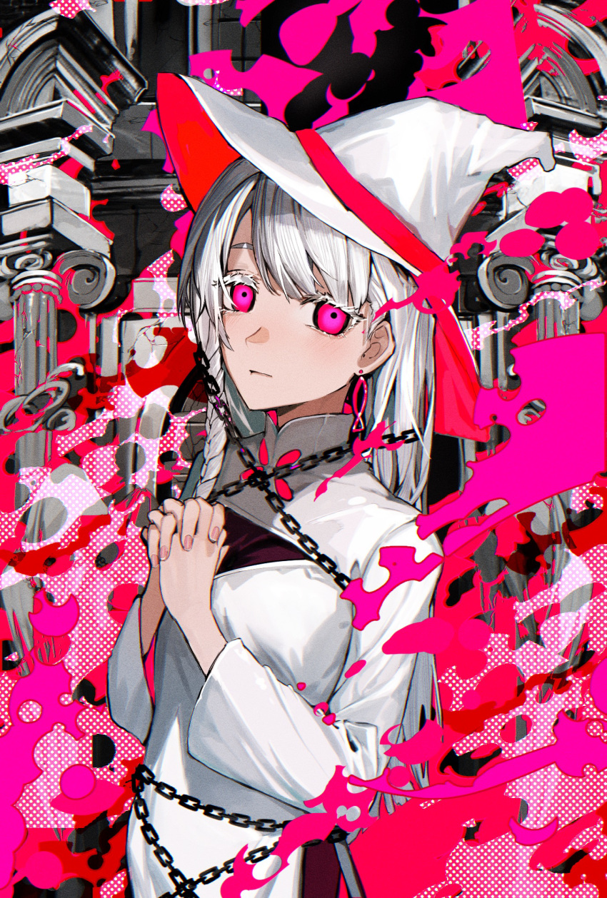 1girl anrifure_(teiha02) bangs braid breasts burning burning_at_the_stake chain cleavage_cutout closed_mouth clothing_cutout collared_dress crack dress earrings eyelashes fingernails fire fish_earrings hands_up hat highres interlocked_fingers jewelry layered_clothes long_hair looking_at_viewer lower_(vocaloid) original own_hands_together pillar pink_eyes pink_fire pink_theme restrained side_braid side_slit single_braid solo two-sided_fabric upper_body vocaloid white_dress white_hair white_headwear witch witch_hat