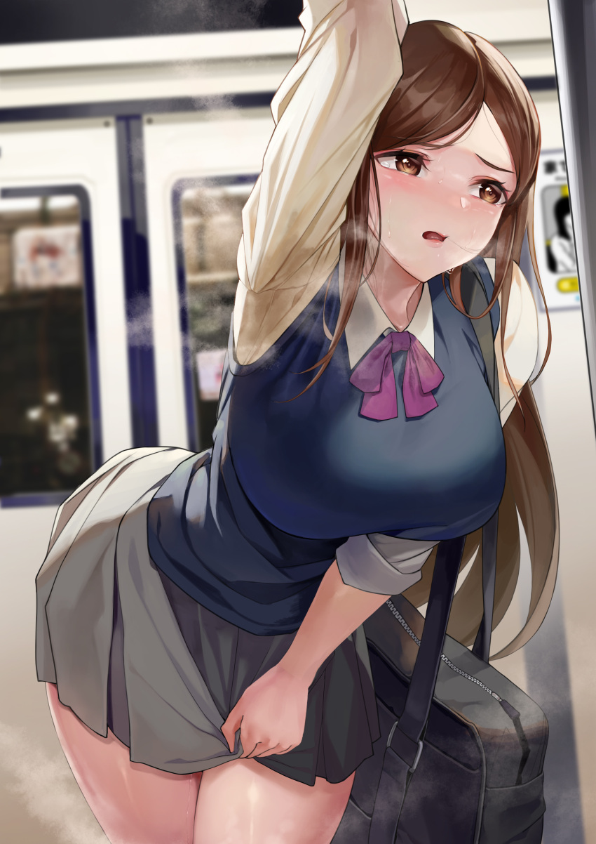 1girl absurdres arm_up bag bangs blue_vest blurry blurry_background blush bow bowtie breasts breath brown_eyes brown_hair collared_shirt commentary commission cowboy_shot door drooling embarrassed grey_skirt ground_vehicle half-closed_eyes have_to_pee highres large_breasts leaning_forward long_hair long_sleeves miniskirt mute_(mute89539160) nose_blush open_mouth original parted_bangs pee peeing peeing_self pixiv_request pleated_skirt purple_bow purple_bowtie revision saliva school_bag school_uniform shiny shiny_hair shirt shoulder_bag skirt skirt_grab solo standing steam steaming_body sweat tears thighs train vest wet wet_clothes white_shirt
