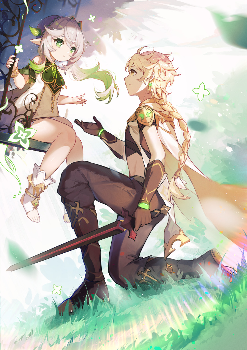 1boy 1girl absurdres aether_(genshin_impact) black_gloves braid braided_ponytail dress feet full_body genshin_impact gloves grass green_eyes hair_ornament highres holding holding_sword holding_weapon kneeling lizhilv looking_at_another nahida_(genshin_impact) outstretched_hand pants short_sleeves sitting smile swing sword symbol-shaped_pupils toes weapon white_dress white_hair