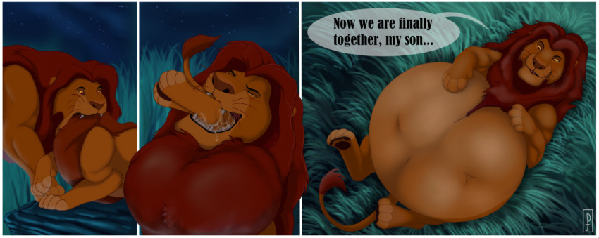 abdominal_bulge belly big_belly bodily_fluids comic dialogue disney duo father father_and_child father_and_son father_pred felid feral hand_on_stomach invalid_tag lion male male/male mammal mufasa oral_vore pantherine parent parent_and_child priestofjashin saliva same_size_vore sharp_teeth simba son son_prey teeth the_lion_king vore