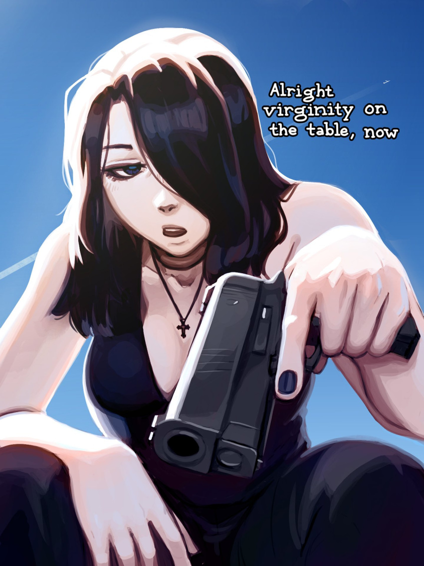 1girl bare_arms black_eyes black_hair black_nails breasts cross cross_necklace english_text gangsta_hold gun hair_over_one_eye highres holding holding_gun holding_weapon jewelry medium_hair necklace nila_(telepurte) open_mouth original solo telepurte trigger_discipline weapon