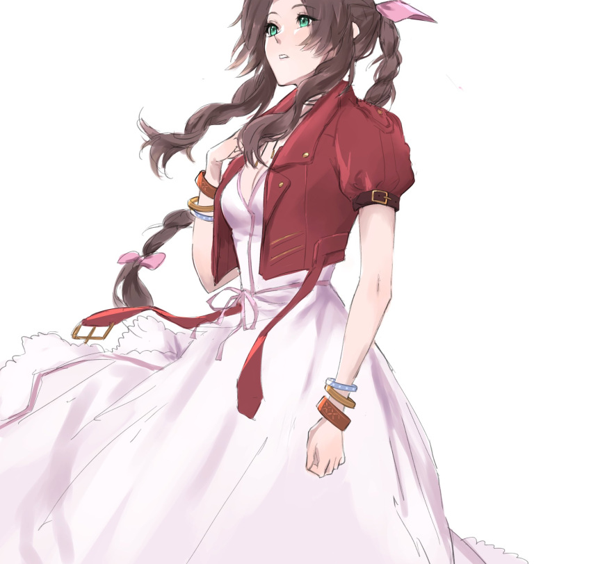 1girl aerith_gainsborough bangle bangs bracelet braid braided_ponytail breasts choker cleavage cowboy_shot cropped_jacket dress final_fantasy final_fantasy_vii final_fantasy_vii_remake green_eyes hair_ribbon hand_on_own_chest highres jacket jewelry kivavis long_dress long_hair looking_afar medium_breasts parted_bangs parted_lips pink_dress pink_ribbon puffy_short_sleeves puffy_sleeves red_jacket ribbon short_sleeves sidelocks solo wavy_hair white_background