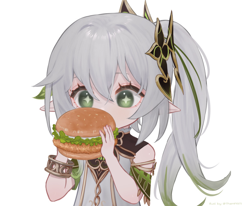 1girl bangs bracelet burger commentary_request detached_sleeves eating food genshin_impact gradient_hair green_eyes grey_hair hair_between_eyes hair_ornament highres holding holding_food jewelry long_hair multicolored_hair nahida_(genshin_impact) pointy_ears short_sleeves side_ponytail sidelocks simple_background solo symbol-shaped_pupils thehprm white_background