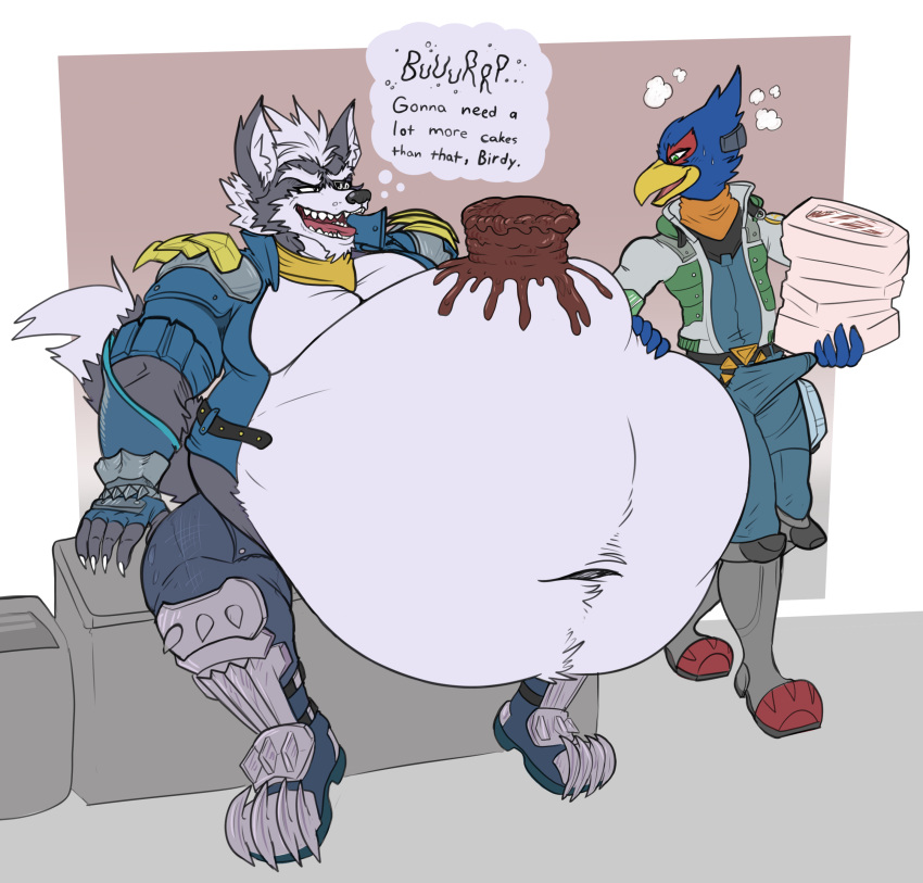 absurd_res anthro avian belly big_belly bird bloated burping canid canine canis clothed clothing duo eggo21 erection erection_under_clothing falco_lombardi feeding food fur grey_body grey_fur hand_on_stomach hi_res male male/male mammal nintendo overweight overweight_male sharp_teeth star_fox stuffing teeth tenting tongue video_games weight_gain wolf wolf_o'donnell