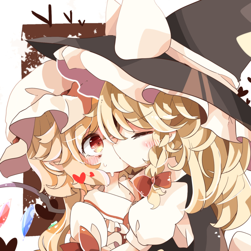 2022 2girls apron back_bow bangs black_vest blonde_hair blush blush_stickers bow braid buttons closed_eyes collared_shirt crystal dress flandre_scarlet frilled_apron frilled_shirt_collar frilled_skirt frilled_sleeves frills gem hair_between_eyes hat hat_ribbon heart highres jewelry kirisame_marisa kiss laevatein_(touhou) long_hair looking_at_another medium_hair mob_cap multiple_girls puffy_short_sleeves puffy_sleeves red_bow red_eyes red_ribbon red_shirt red_skirt ribbon shirt short_hair short_sleeves side_ponytail simple_background skirt skirt_set slit_pupils sweat sweatdrop touhou tsumurikoto upper_body vest white_background white_bow white_headwear wings witch_hat wrist_cuffs yuri