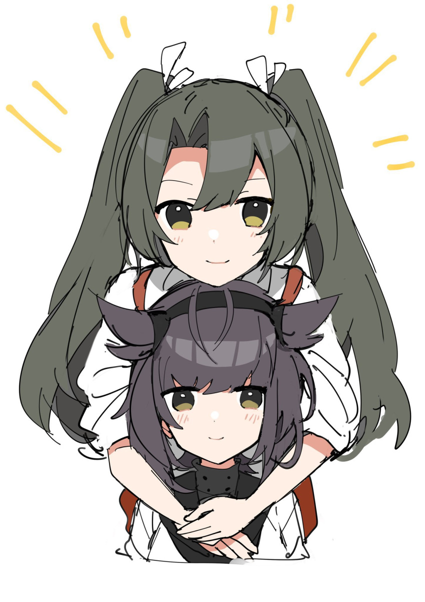 2girls arm_wrap brown_hair closed_mouth green_eyes hair_between_eyes hair_horns hatsuzuki_(kancolle) head_on_head head_rest highres kantai_collection long_hair looking_at_viewer multiple_girls sayuwan school_uniform serafuku short_hair short_sleeves simple_background smile twintails white_background zuikaku_(kancolle)