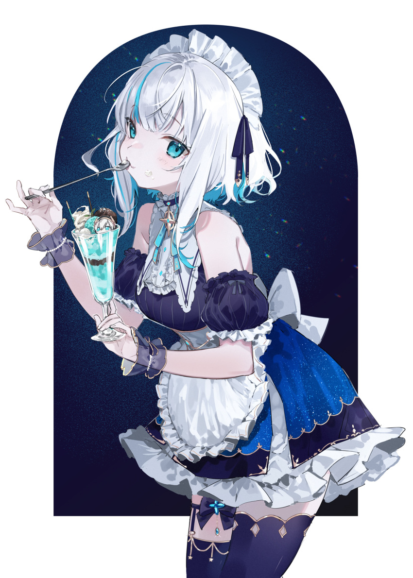 1girl :3 apron ars_almal asymmetrical_legwear back_bow bare_shoulders black_thighhighs blue_eyes blue_hair blue_ribbon bow chocolate_mint choker colored_inner_hair cup detached_sleeves dress food food_on_face frilled_apron frilled_dress frills gold_trim guru_(nicocco) highres holding holding_cup holding_spoon ice_cream looking_at_viewer maid maid_headdress multicolored_hair neck_ribbon nijisanji parfait puffy_detached_sleeves puffy_short_sleeves puffy_sleeves ribbon short_hair short_sleeves solo space_print spoon star_(symbol) star_choker starry_sky_print streaked_hair thigh_strap thighhighs virtual_youtuber white_bow white_hair