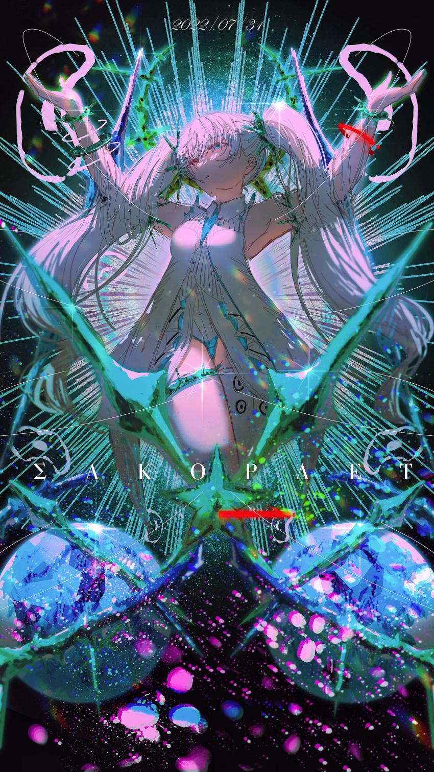 1girl absurdres blue_eyes bodysuit bracelet commentary_request dated floating floating_object greek_text hair_ornament halo heterochromia highres jewelry long_hair luna_(punishing:_gray_raven) orb punishing:_gray_raven red_eyes spiked_bracelet spiked_thighlet spikes translation_request twintails white_bodysuit white_hair yu_skl