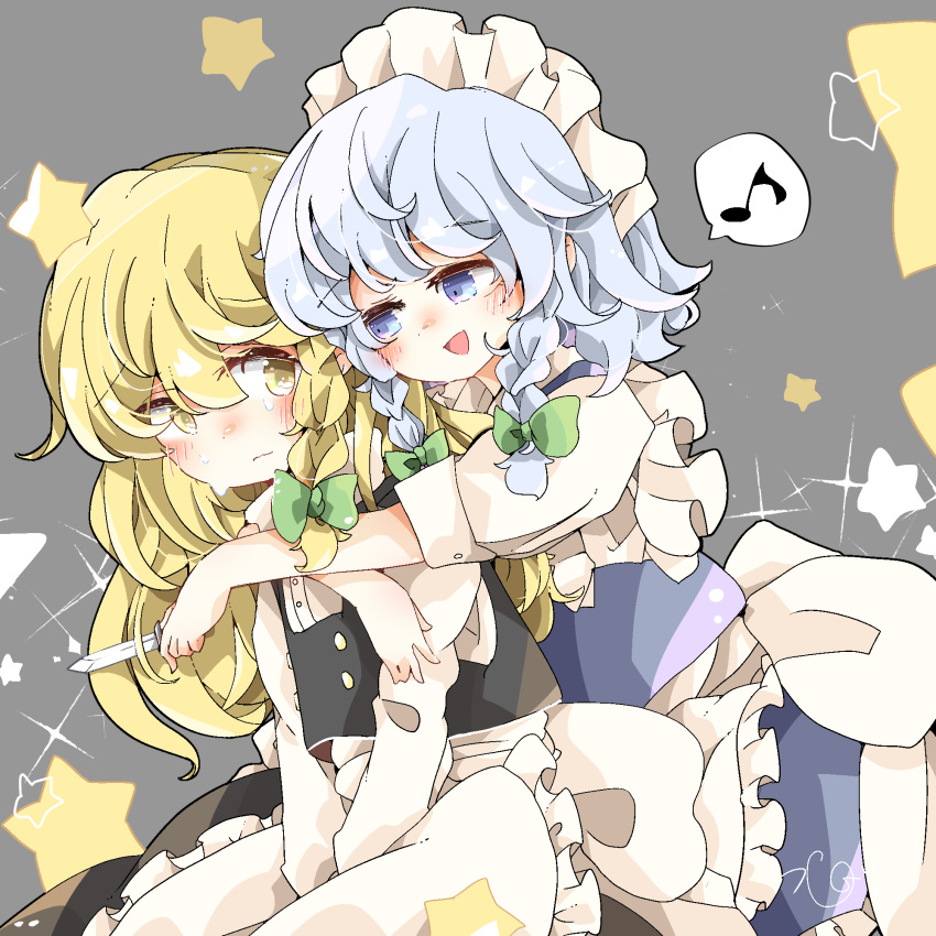 2girls apron back_bow bangs black_skirt black_vest blonde_hair blue_eyes blush blush_stickers bow braid buttons curly_hair dress frilled_skirt frills green_bow grey_hair hair_between_eyes hair_bow hat hat_bow hat_removed headwear_removed highres holding holding_knife hug izayoi_sakuya kirisame_marisa knife long_sleeves maid maid_headdress mary_janes medium_hair multiple_girls open_mouth puffy_short_sleeves puffy_sleeves ribbon shirt shoes short_hair short_sleeves single_braid skirt skirt_set sleeves_past_wrists smile star_(symbol) sweat sweatdrop tears throwing_knife touhou tsumurikoto tsurikichi_obasan turtleneck twin_braids upper_body vest waist_apron waist_bow weapon white_apron white_bow white_shirt