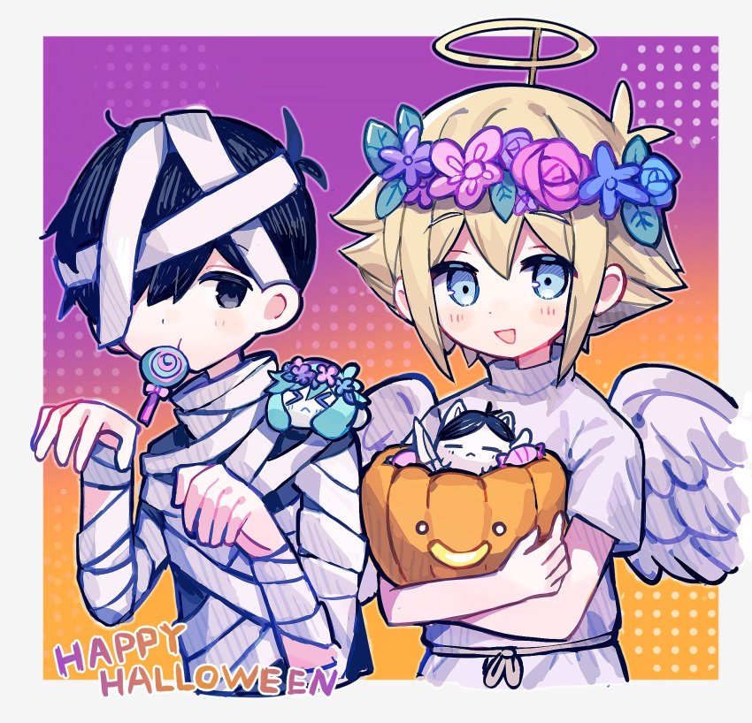 2boys angel_costume basil_(omori) black_eyes black_hair blonde_hair blue_eyes blush candy crossed_arms flower food halloween halloween_costume happy_halloween head_wreath highres lollipop looking_at_viewer multiple_boys mummy_costume omori parted_lips shio_0585 smile sunny_(omori)