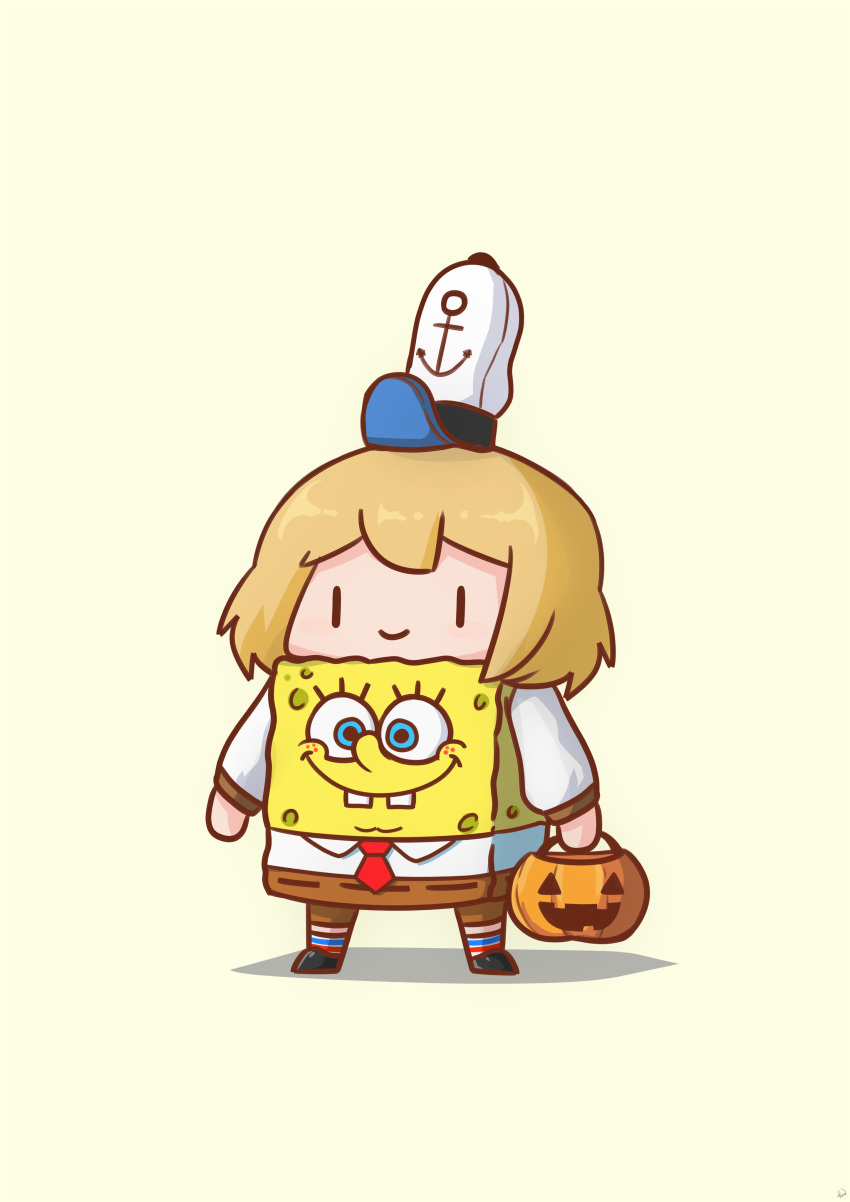 1girl absurdres basket black_footwear blonde_hair blue_eyes brown_pants buck_teeth chibi commentary cosplay full_body hat highres holding holding_basket hololive hololive_english jack-o'-lantern long_sleeves necktie pants peaked_cap phdpigeon red_necktie shirt short_hair simple_background smile smol_ame socks spongebob_squarepants spongebob_squarepants_(character) spongebob_squarepants_(character)_(cosplay) striped striped_socks symbol-only_commentary teeth trick-or-treating virtual_youtuber watson_amelia white_headwear white_shirt yellow_background |_|