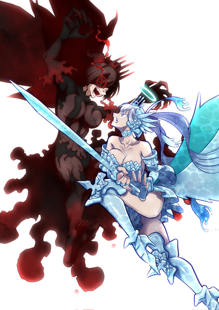 2girls battle black_clover blood blood_wings blue_armor breasts claws cleavage crown demon_horns demon_wings glowing halo highres holding holding_sword holding_weapon horns large_breasts multiple_girls noelle_silva sword tarou_tanaka_01 thighs twintails valkyrie vanica_zogratis water water_wings weapon white_background white_hair wings