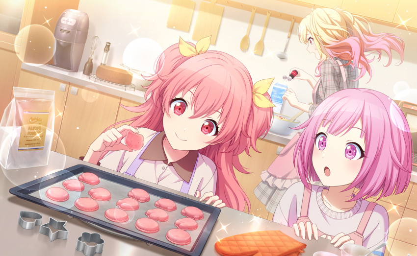 3girls apron baking_sheet blonde_hair colorful_palette cookie_cutter flour food gradient_hair highres himitsu_no_valentine_daisakusen!_(project_sekai) indoors kitchen long_hair macaron momoi_airi multicolored_hair multiple_girls official_art ootori_emu open_mouth pink_eyes pink_hair plaid plaid_shirt project_sekai shirt short_hair sparkle sweater tenma_saki tray two_side_up white_shirt white_sweater