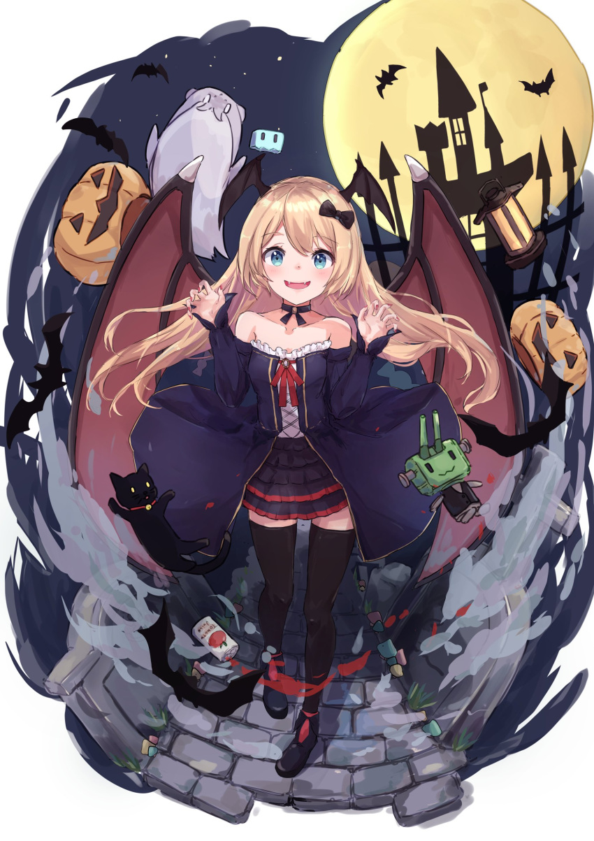 1girl absurdres aruka bat_wings black_skirt blonde_hair blue_eyes bokukawauso brick_floor can castle demon_wings fangs frankenstein frankenstein's_monster full_moon ghost halloween halloween_costume head_wings highres jack-o'-lantern jacket jervis_(kancolle) kantai_collection long_hair mascot moon night open_mouth otter purple_jacket rensouhou-chan screw_in_head shirt skirt smile tomato_juice vampire white_shirt wings