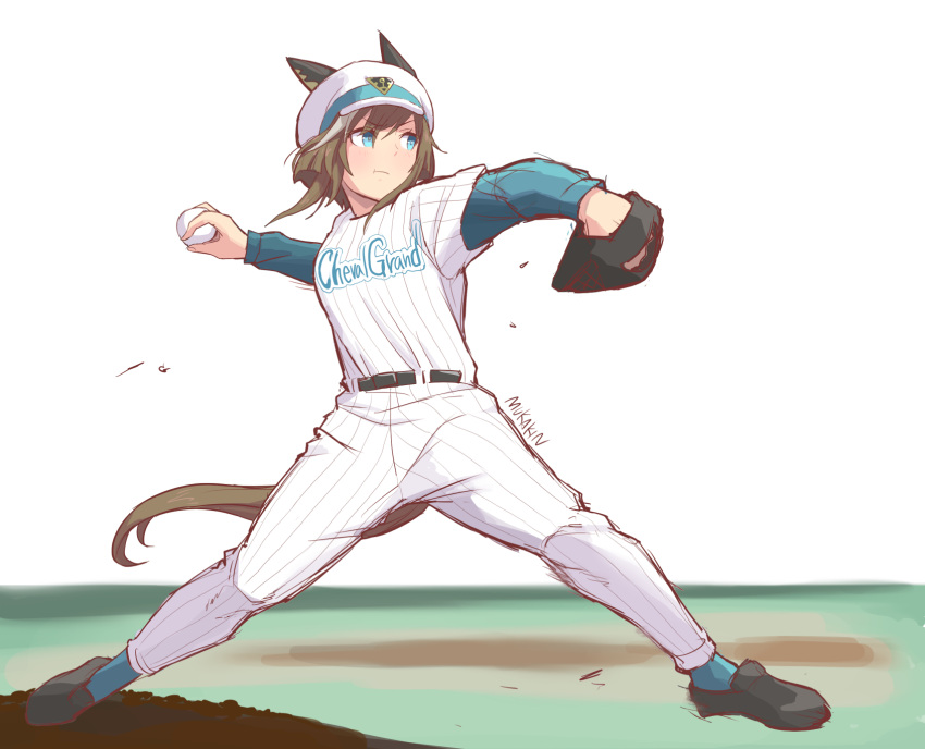 1girl :t alternate_costume animal_ears aqua_eyes artist_name ball bangs baseball baseball_mitt baseball_uniform belt brown_hair cheval_grand_(umamusume) commentary_request cosplay ears_through_headwear full_body grey_hair hat highres holding holding_ball horse_ears horse_girl horse_tail layered_sleeves long_sleeves motion_blur mukakin multicolored_hair pants peaked_cap pinstripe_pattern pitcher's_mound pitching sasaki_kazuhiro sasaki_kazuhiro_(cosplay) short_hair short_over_long_sleeves short_sleeves sidelocks solo sportswear streaked_hair striped tail two-tone_hair umamusume yokohama_dena_baystars