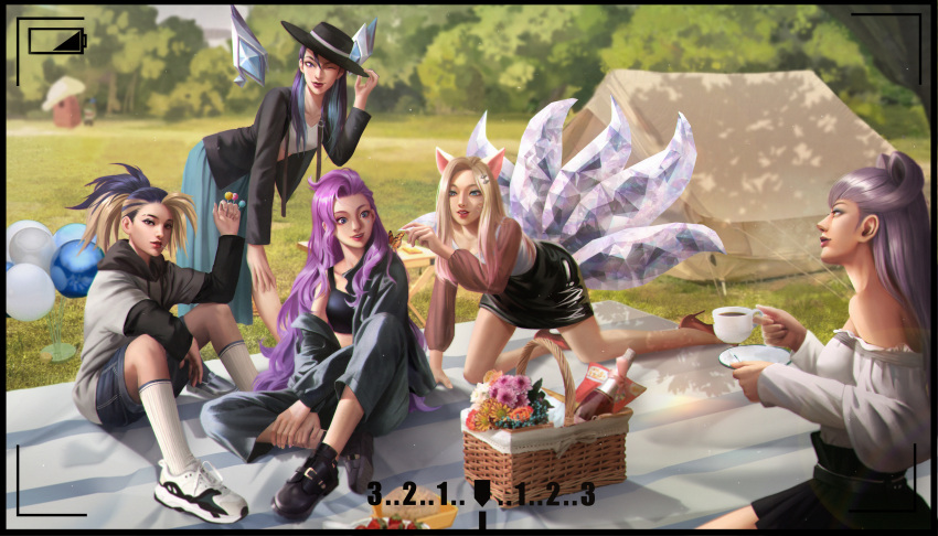 5girls absurdres ahri_(league_of_legends) akali animal_ears balloon basket black_hair blanket blonde_hair blue_eyes bottle bouquet brown_eyes bug butterfly candy crop_top crystal_tail crystal_wings cup denim denim_shorts evelynn_(league_of_legends) facial_mark fedora flower food fox_ears fruit hair_ornament hairclip hat hat_tip high_heels highres holding holding_candy holding_cup holding_food hood hood_down hoodie jing_zhou k/da_(league_of_legends) kai'sa kneehighs league_of_legends lollipop long_hair long_skirt looking_at_viewer mouth_hold multicolored_hair multiple_girls one_eye_closed park parted_lips pencil_skirt picnic picnic_basket pose purple_eyes purple_hair seraphine_(league_of_legends) shoes shorts sitting skirt sneakers socks strawberry teacup teeth the_baddest_ahri the_baddest_akali the_baddest_evelynn the_baddest_kai'sa two-tone_hair upper_teeth viewfinder whisker_markings wine_bottle yellow_eyes