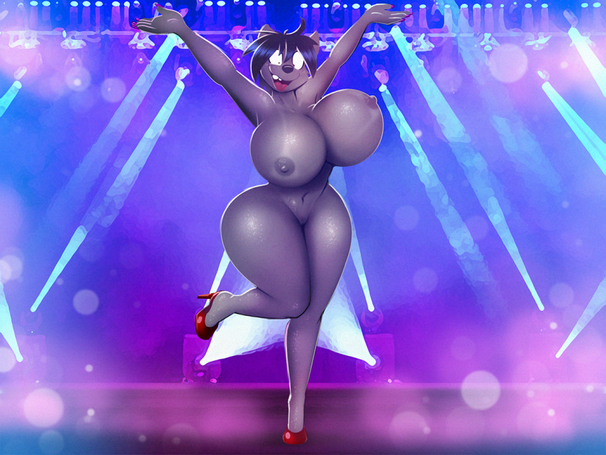 2021 anthro big_breasts black_hair black_nose breasts canid canine canis clothing crossgender curvaceous curvy_figure dracojeff dress exposure_variation female footwear fur grey_body grey_fur hair happy high_heels high_heels_only hourglass_figure huge_breasts long_legs looking_at_viewer mammal mtf_crossgender nude open_mouth performance performer phyco pose pumps pupils raised_arms raised_foot red_high_heels shoes small_pupils small_waist smile solo spread_arms stage stage_lights standing suntan thick_thighs trans_(lore) trans_man_(lore) voluptuous wide_hips wolf