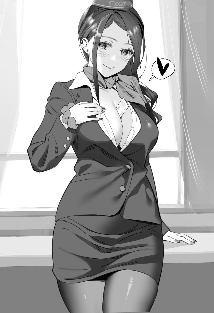 1girl absurdres asymmetrical_hair bangs between_breasts breasts cleavage cowboy_shot earrings greyscale hat heart highres jacket jewelry kitazawa_(embers) large_breasts leaning_back long_hair miniskirt monochrome original pantyhose parted_bangs partially_unbuttoned pencil_skirt scarf shirt skirt smile solo speech_bubble spoken_heart standing travel_attendant