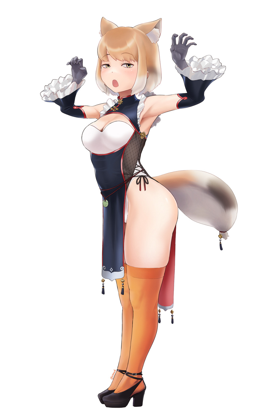 1girl alternate_costume animal_ear_fluff animal_ears armpits arms_up bangs beleven black_hair breasts brown_hair china_dress chinese_clothes claw_pose detached_sleeves dress extra_ears fox_ears fox_girl fox_tail frilled_sleeves frills full_body gloves green_eyes gumroad_reward high_heels highres kemono_friends leotard leotard_under_clothes light_blush light_brown_hair looking_at_viewer medium_breasts medium_hair multicolored_hair open_mouth over-kneehighs paid_reward pelvic_curtain shoes sidelocks simple_background solo standing tail thighhighs tibetan_fox_(kemono_friends) white_background white_hair white_leotard