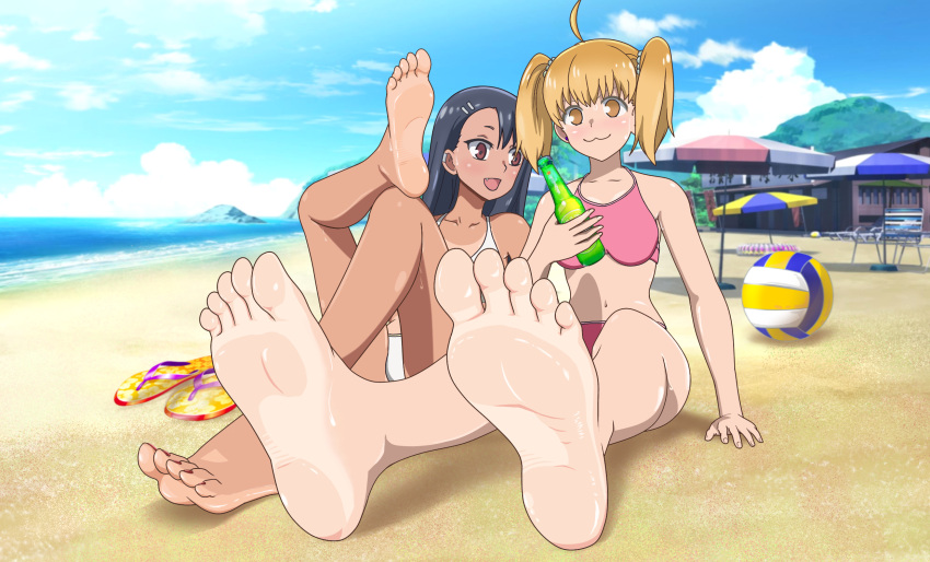 2girls barefoot beach feet foot_focus foreshortening highres ijiranaide_nagatoro-san legs multiple_girls nail_polish paid_reward soles toenail_polish toenails toes