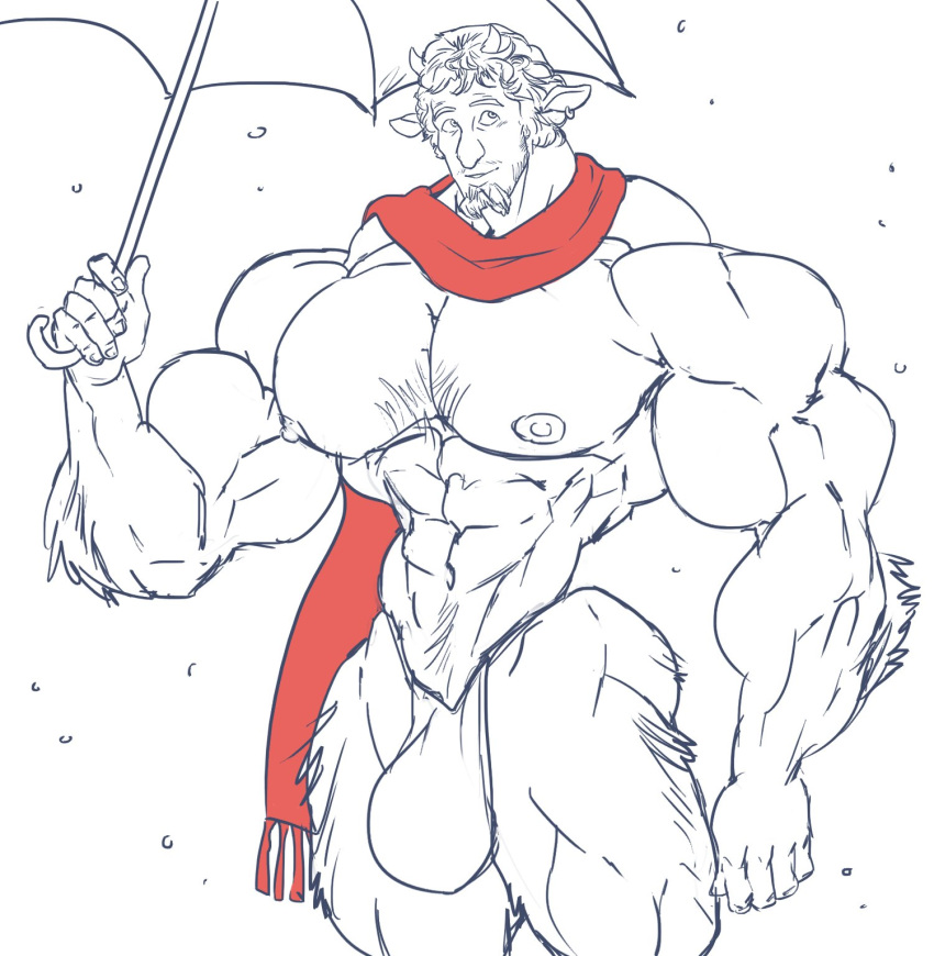 beard biceps big_muscles bulge chronicles_of_narnia ear_piercing facial_hair faun genital_outline goatee hi_res horn huge_muscles humanoid hyper hyper_muscles male muscular navel nipples pecs penis_outline piercing remert scarf snow solo tumnus umbrella