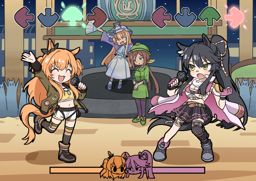 &gt;_&lt; 4girls :d :o ^_^ akikawa_yayoi_(umamusume) animal animal_ears animal_on_head arm_up arrow_(symbol) bangs black_cat black_footwear black_hair black_ribbon black_skirt black_thighhighs blue_jacket boots breasts brown_jacket cat chibi cleavage closed_eyes commentary_request crop_top dress ear_ribbon fang friday_night_funkin' gameplay_mechanics green_headwear green_jacket green_skirt hair_between_eyes hand_fan hat hayakawa_tazuna highres holding holding_fan holding_microphone horse_ears horse_girl horse_tail jacket jacket_on_shoulders korean_commentary long_hair long_sleeves mayano_top_gun_(umamusume) medium_breasts microphone midriff multicolored_hair multiple_girls narita_brian_(umamusume) navel on_head open_clothes open_jacket orange_hair pantyhose people pleated_skirt ponytail puffy_long_sleeves puffy_sleeves purple_pantyhose ribbon sarashi shirt short_shorts shorts single_thighhigh skirt smile standing standing_on_one_leg streaked_hair tail thighhighs thighhighs_under_boots two_side_up umamusume unneul v-shaped_eyebrows very_long_hair white_dress white_headwear white_jacket white_shorts wide_sleeves yellow_eyes yellow_shirt