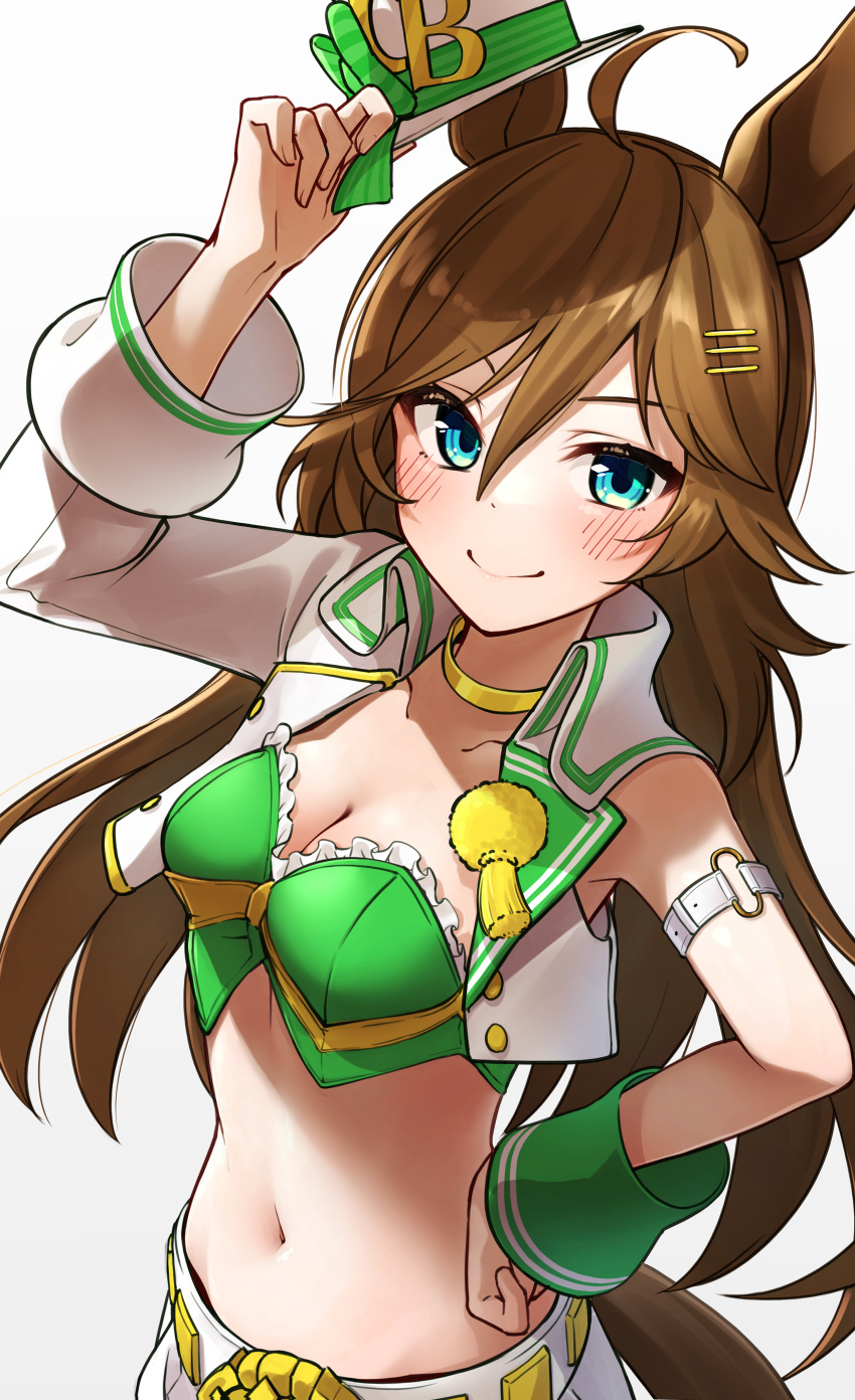 1girl absurdres ahoge animal_ears arm_strap arm_up bangs blush breasts brown_hair choker cleavage closed_mouth collarbone commentary_request cowboy_shot cropped_jacket green_eyes green_shirt groin hair_between_eyes hair_ornament hairclip hand_on_hip hat hat_removed headwear_removed highres holding holding_clothes holding_hat horse_ears horse_girl horse_tail jacket long_hair long_sleeves looking_at_viewer medium_breasts midriff mini_hat mini_top_hat mr._c.b._(umamusume) navel omattya_umyao open_clothes open_jacket pants partial_commentary shirt sidelocks simple_background single_bare_shoulder single_sleeve sleeve_cuffs smile solo standing strapless strapless_shirt tail top_hat umamusume white_background white_pants yellow_choker