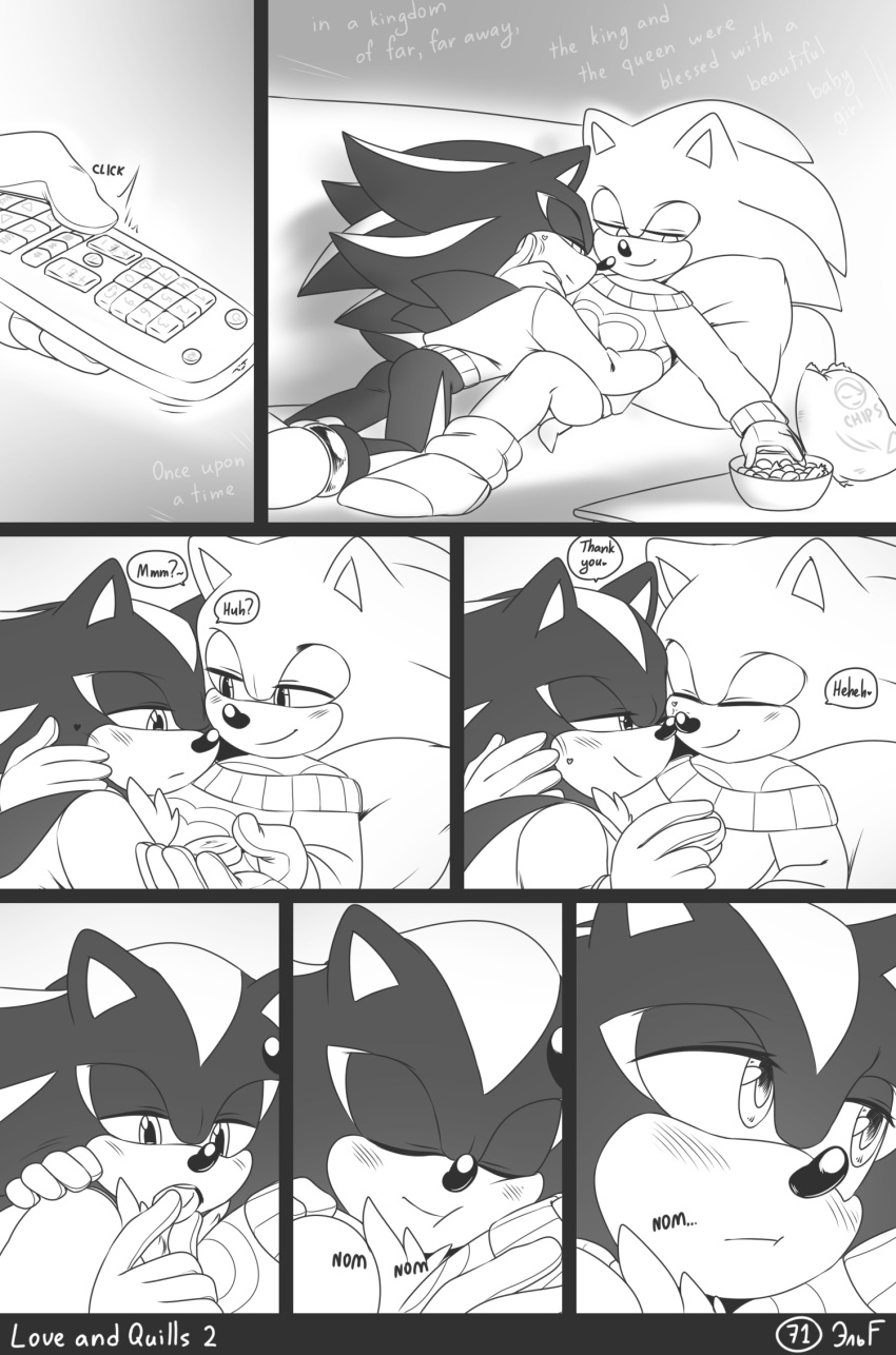&lt;3 2022 5_fingers anklet anthro anthro_on_anthro boop bottomless bowl clothed clothing comic container controller cuddling dialogue duo eating embrace english_text eulipotyphlan eyes_closed fingers food footwear giggling greyscale half-closed_eyes hedgehog hi_res holding_controller holding_object holding_remote_control intraspecies jewelry krazyelf laugh looking_at_another looking_down male male/male mammal monochrome motion_lines narrowed_eyes onomatopoeia potato_chip remote_control romantic romantic_couple sega shadow_the_hedgehog smile socks sonic_the_hedgehog sonic_the_hedgehog_(series) sound_effects speech_bubble sweater text topwear watching_tv