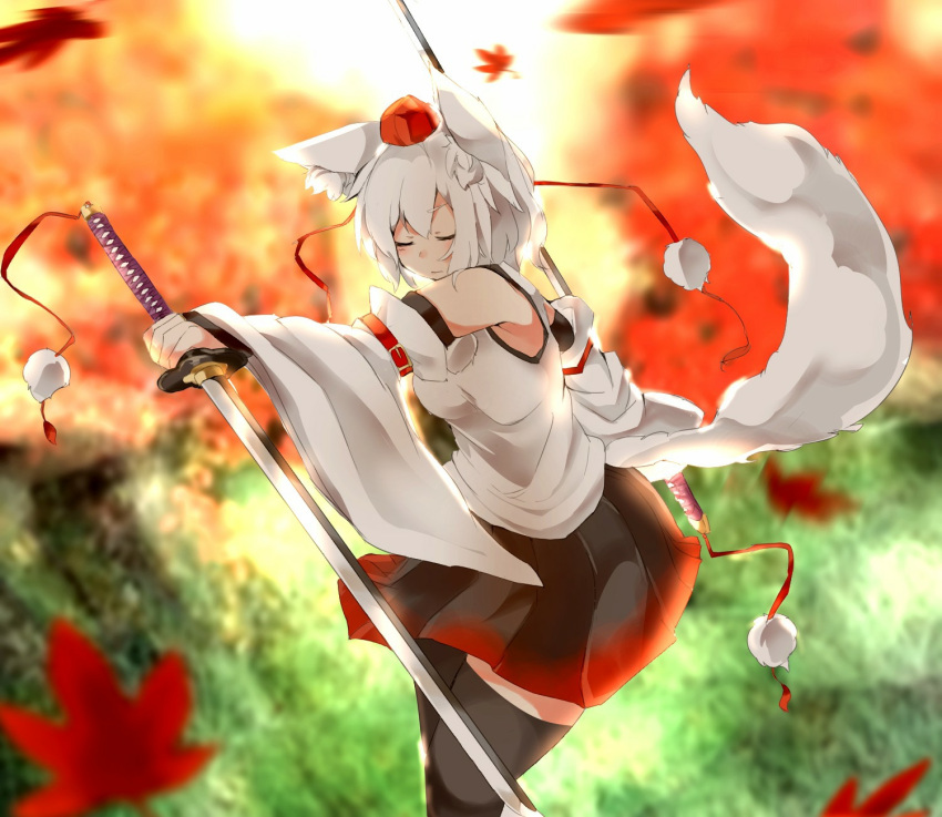 1girl animal_ears bangs bare_shoulders black_skirt black_thighhighs blurry blurry_background closed_eyes closed_mouth dual_persona highres houkai_(collapse_illust) inubashiri_momiji katana leaf maple_leaf outdoors pom_pom_(clothes) shirt short_hair skirt solo sword thighhighs touhou weapon white_hair white_shirt white_sleeves wolf_ears wolf_girl