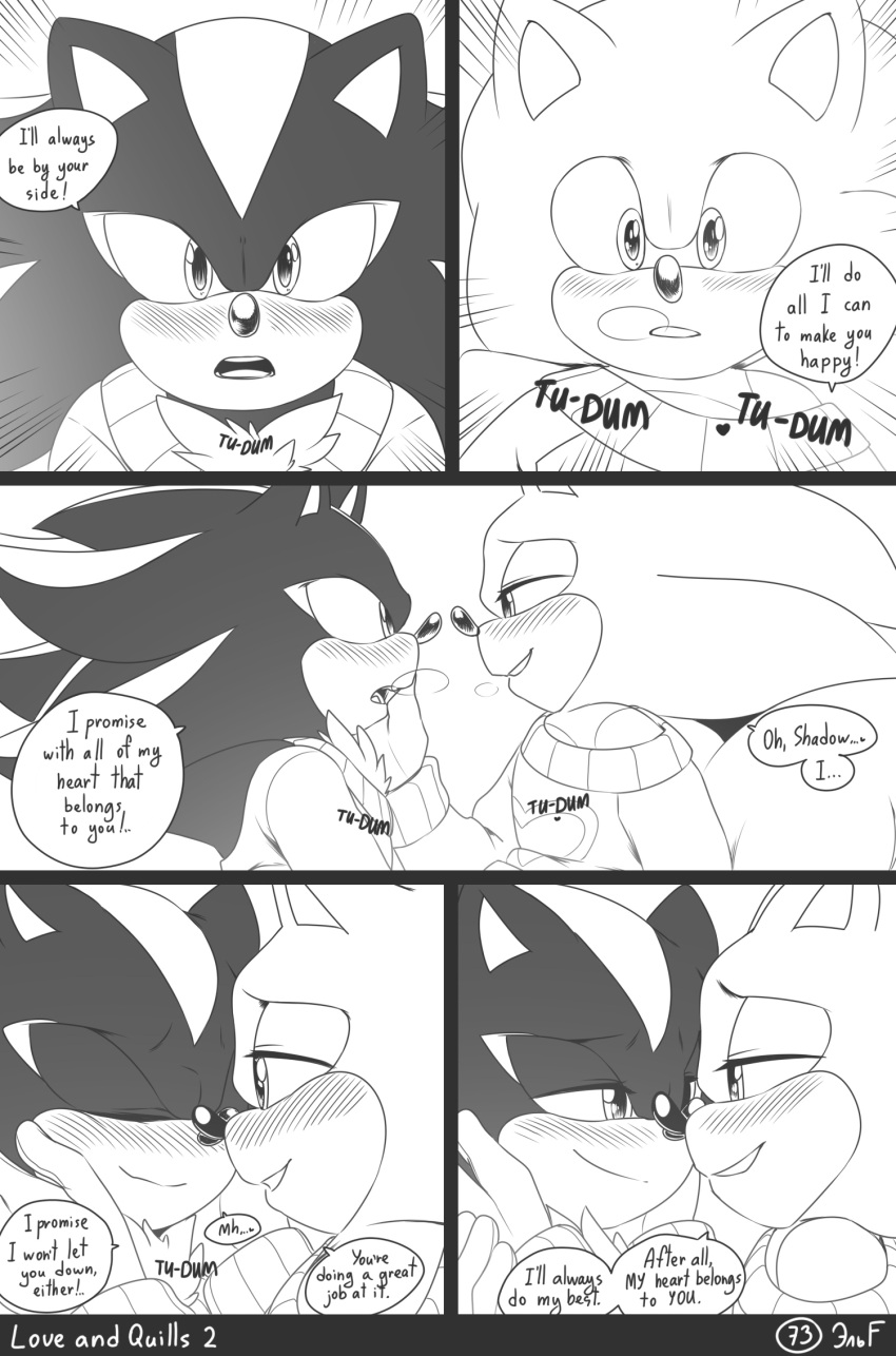 &lt;3 2022 anthro anthro_on_anthro blush chest_tuft clothing comic dialogue duo embrace english_text eulipotyphlan eye_contact greyscale half-closed_eyes head_grab heartbeat hedgehog hi_res intraspecies krazyelf looking_at_another male male/male mammal monochrome narrowed_eyes open_mouth romantic romantic_ambiance romantic_couple sega shadow_the_hedgehog smile sonic_the_hedgehog sonic_the_hedgehog_(series) speech_bubble sweater text topwear tuft