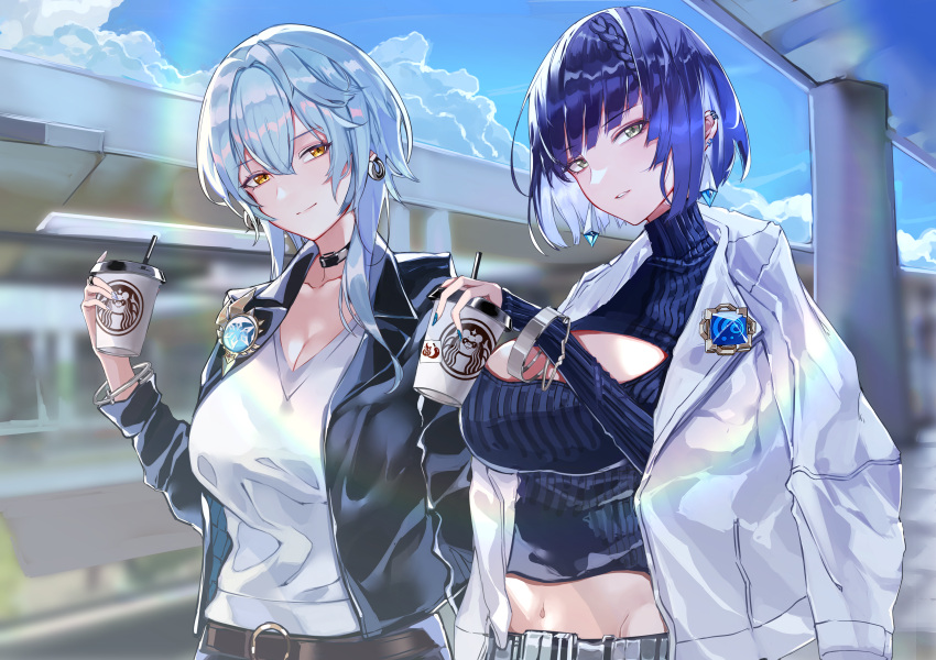 2girls absurdres bangs belt black_choker black_jacket blue_hair blue_nails blue_sky blue_sweater blunt_bangs blurry blurry_background bob_cut bracelet breasts brown_belt casual choker cleavage closed_mouth clothing_cutout cloud coffee_cup cup diagonal_bangs disposable_cup drinking_straw earrings eula_(genshin_impact) genshin_impact green_eyes hair_between_eyes highres holding holding_cup jacket jacket_on_shoulders jewelry large_breasts medium_hair midriff multicolored_hair multiple_girls outdoors ribbed_sweater ring sas_(ls08b) short_hair sky smile sweater turtleneck turtleneck_sweater vision_(genshin_impact) white_jacket yelan_(genshin_impact) yellow_eyes