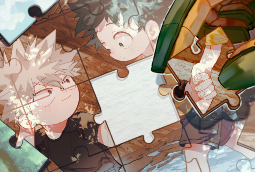 3boys aged_down arm_behind_head bakugou_katsuki bangs black_shirt blonde_hair blue_sky blush boku_no_hero_academia cloud dappled_sunlight eye_contact freckles gloves green_eyes green_gloves green_hair hair_between_eyes hand_up highres holding holding_hands jigsaw_puzzle karasu_(milkcube) looking_at_another male_child male_focus midoriya_izuku multiple_boys orange_gloves out_of_frame outline outstretched_arm parted_lips puzzle puzzle_piece red_eyes river rock shirt short_sleeves shorts sky smile spiked_hair sunlight tree tree_shade two-tone_gloves water white_outline yellow_shirt