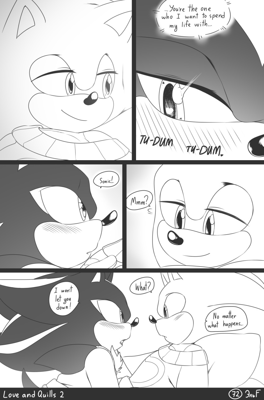 2022 anthro anthro_on_anthro blush clothing comic dialogue duo english_text eulipotyphlan eye_contact furgonomics greyscale half-closed_eyes heartbeat hedgehog hi_res intraspecies krazyelf looking_at_another lying male male/male male_on_bottom male_on_top mammal monochrome narrowed_eyes offscreen_character on_back on_bottom on_top open_mouth pillow romantic romantic_couple sega shadow_the_hedgehog smile sonic_the_hedgehog sonic_the_hedgehog_(series) speech_bubble sweater text topwear