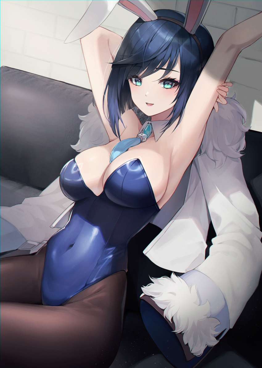 1girl absurdres animal_ears arms_behind_head arms_up bangs bare_arms blue_hair blue_leotard blue_necktie bob_cut breasts brown_pantyhose cleavage collar couch covered_navel cowboy_shot dark_blue_hair detached_collar diagonal_bangs dice fake_animal_ears fur-trimmed_jacket fur_trim genshin_impact green_eyes highleg highleg_leotard highres holding_own_arm jacket jacket_on_shoulders large_breasts leotard looking_at_viewer necktie on_couch pantyhose parted_lips playboy_bunny rabbit_ears short_hair sitting smile solo strapless strapless_leotard thighs ugwa white_collar white_jacket yelan_(genshin_impact)