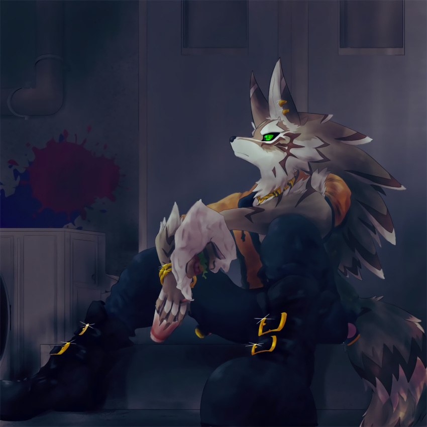 2021 absurd_res anthro black_bottomwear black_clothing black_pants bottomwear brown_body brown_fur canid canine canis clothing food fur gold_(metal) hi_res holding_food holding_object jackal jewelry ka_ramono lifewonders looking_away male mammal pants seth_(tas) sitting solo tokyo_afterschool_summoners topwear video_games white_body white_fur yellow_clothing yellow_topwear