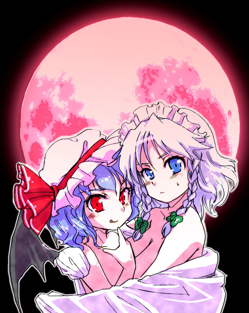 :q bad_id bad_pixiv_id bat_wings braid bt_(shio_oninko) covering full_moon hat highres hug izayoi_sakuya maid_headdress moon multiple_girls naked_sheet nude nude_cover red_eyes red_moon remilia_scarlet tongue tongue_out touhou twin_braids upper_body wings yuri