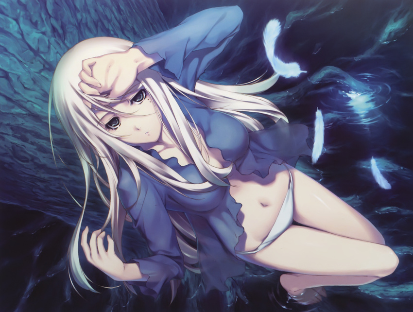 barefoot blonde_hair blue_eyes breasts feathers from_above highres innocent_grey kara_no_shoujo large_breasts long_hair looking_up maris_stella midriff mole open_mouth panties scan solo sugina_miki tree underwear water white_panties