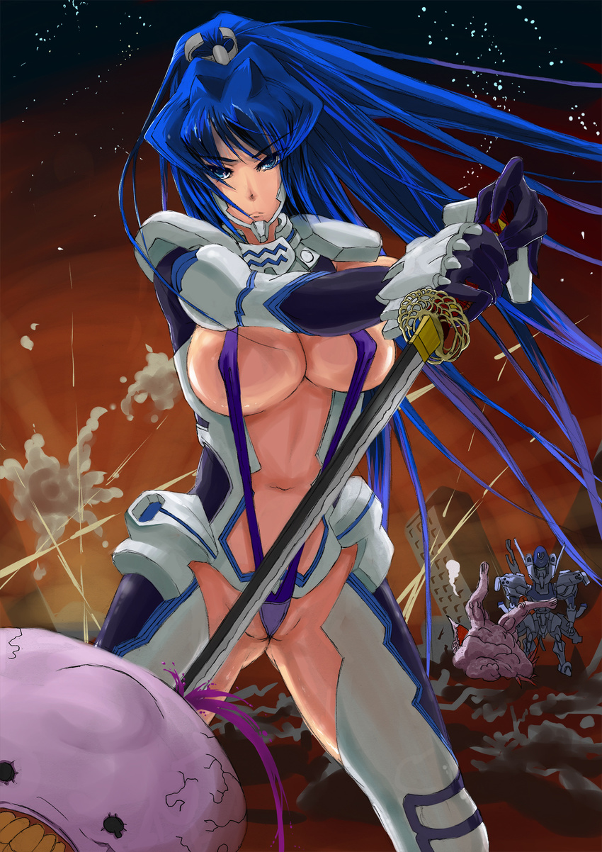 adapted_costume alien armor bad_id bad_pixiv_id bangs battle beta_(muvluv) bikini blood blue_bikini blue_eyes blue_hair bodysuit breasts building bullet_trail center_opening cleavage floating_hair gloves hand_on_hilt high_ponytail highres holding holding_weapon large_breasts legs_apart long_hair looking_at_viewer mecha mitsurugi_meiya monster muvluv muvluv_alternative navel outdoors partially_visible_vulva pilot_suit ponytail purple_blood revealing_clothes sayuhime_tatsumi science_fiction serious sky slingshot_swimsuit smoke stabbed stabbing standing star_(sky) starry_sky swimsuit sword teeth veins very_long_hair weapon wedgie