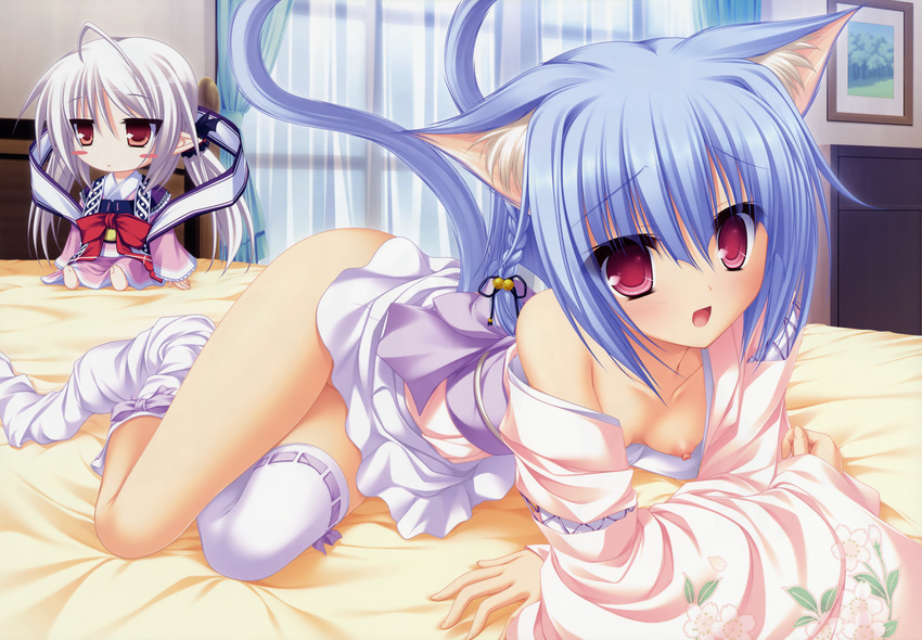absurdres animal_ears bell blue_hair blush blush_stickers bottomless breasts cat_ears cat_tail character_request detached_sleeves doll downblouse hair_bell hair_ornament highres japanese_clothes jingle_bell jitome kiryuu_hina lying mikagami_mamizu multiple_tails neko_koi! nipples on_side open_mouth pointy_ears purple_eyes red_eyes short_hair silver_hair small_breasts solo suzu_(suzukaze_no_melt) suzukaze_no_melt tail thighhigh_dangle thighhighs white_legwear