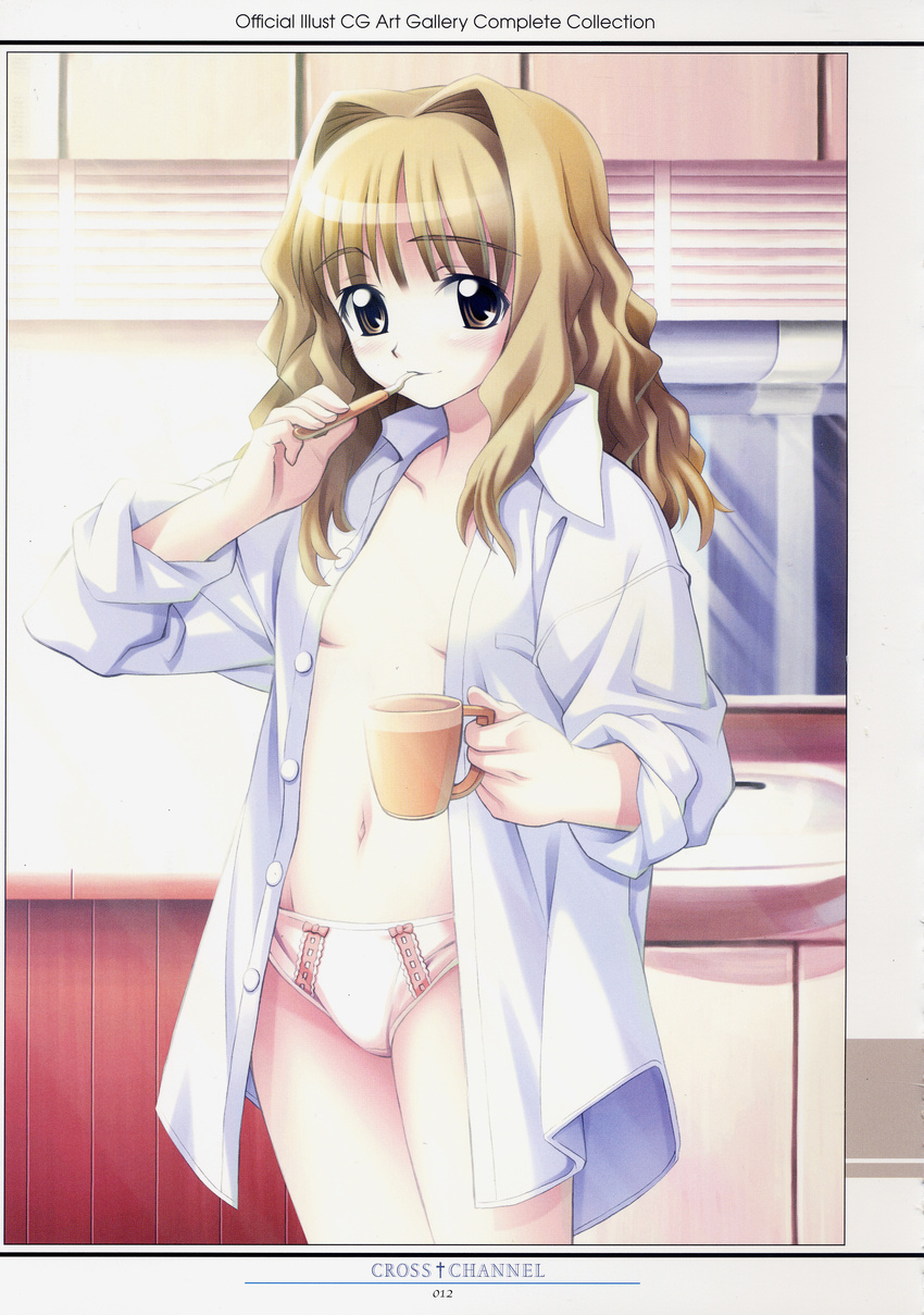 absurdres bathroom blonde_hair bow bow_panties brown_eyes cross_channel highres long_hair matsuryuu open_clothes open_shirt panties shirt sleeves_rolled_up solo underwear wavy_hair white_panties yamanobe_miki