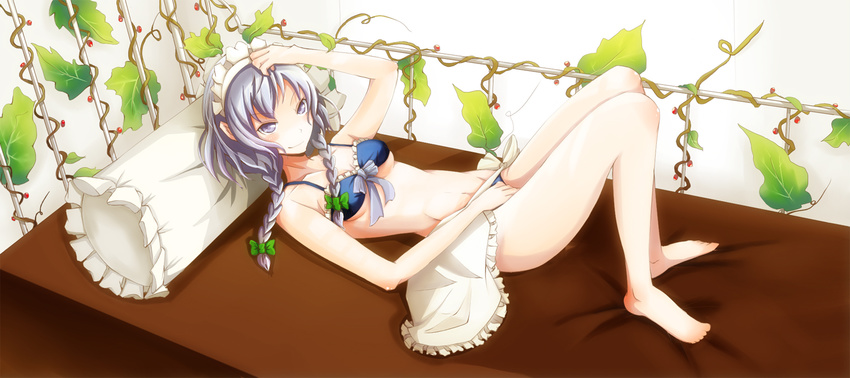 adapted_costume bed berries bra braid breasts cheshuilishang izayoi_sakuya leaf lingerie lying maid maid_headdress medium_breasts pillow plant silver_hair solo touhou twin_braids underwear undressing vines