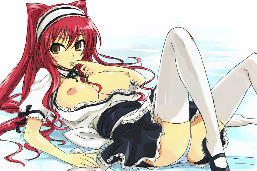 breasts brown_eyes finger_to_mouth kousaka_tamaki large_breasts long_hair michael nipples open_clothes open_shirt panties red_hair shirt sketch solo thighhighs to_heart_2 underwear white_legwear