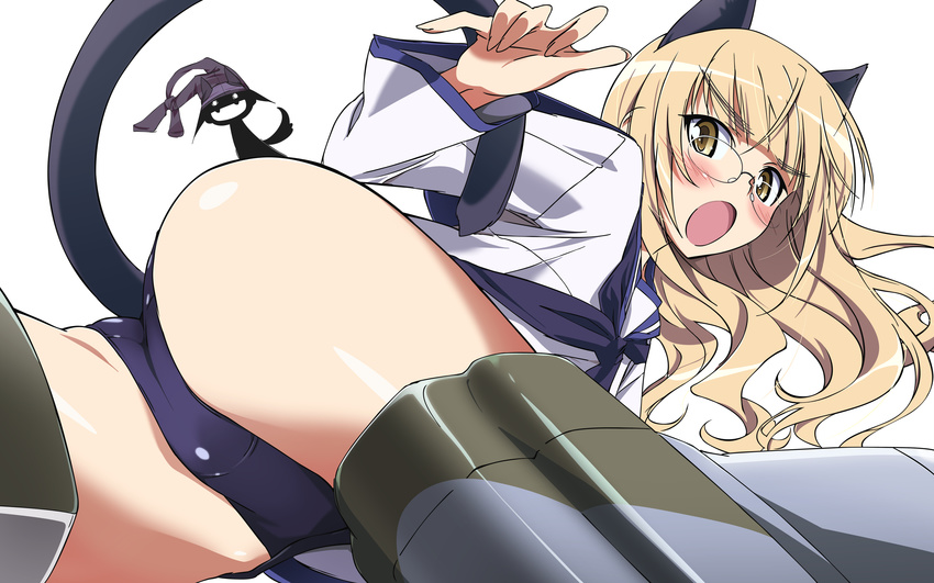 absurdres animal_ears ass blonde_hair blush cosplay detexted glasses highres kurashima_tomoyasu long_hair looking_back miyafuji_yoshika miyafuji_yoshika_(cosplay) no_pants non-web_source object_on_head official_art open_mouth panties panties_on_head pantyhose pantyhose_on_head perrine_h_clostermann school_swimsuit school_uniform serafuku silhouette_demon solo strike_witches swimsuit swimsuit_under_clothes tail third-party_edit underwear vector_trace wardrobe_error world_witches_series yellow_eyes
