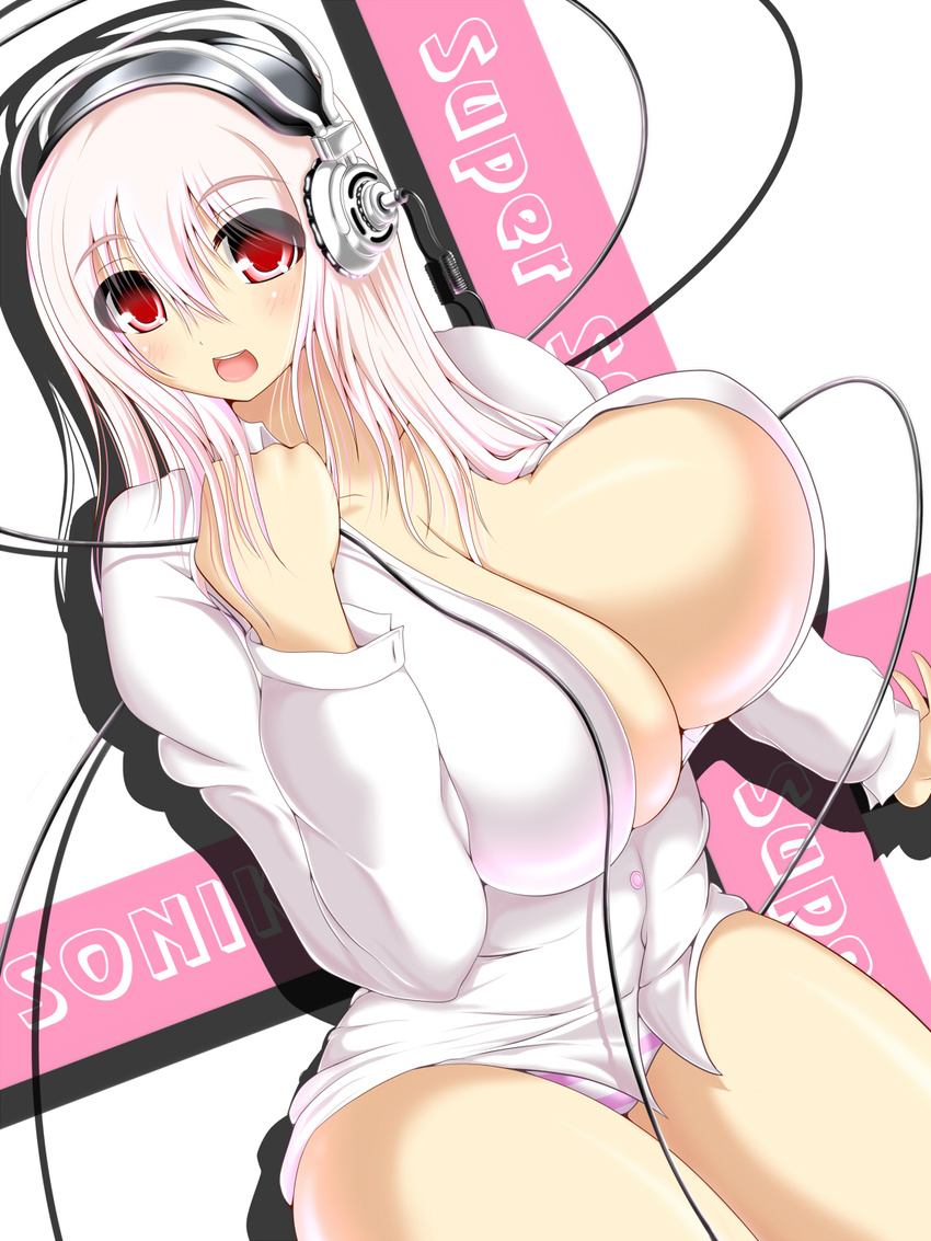 bad_id bad_pixiv_id blush breasts cleavage headphones highres huge_breasts long_hair nitroplus open_mouth panties pink_hair red_eyes solo striped striped_panties super_sonico syroh underwear