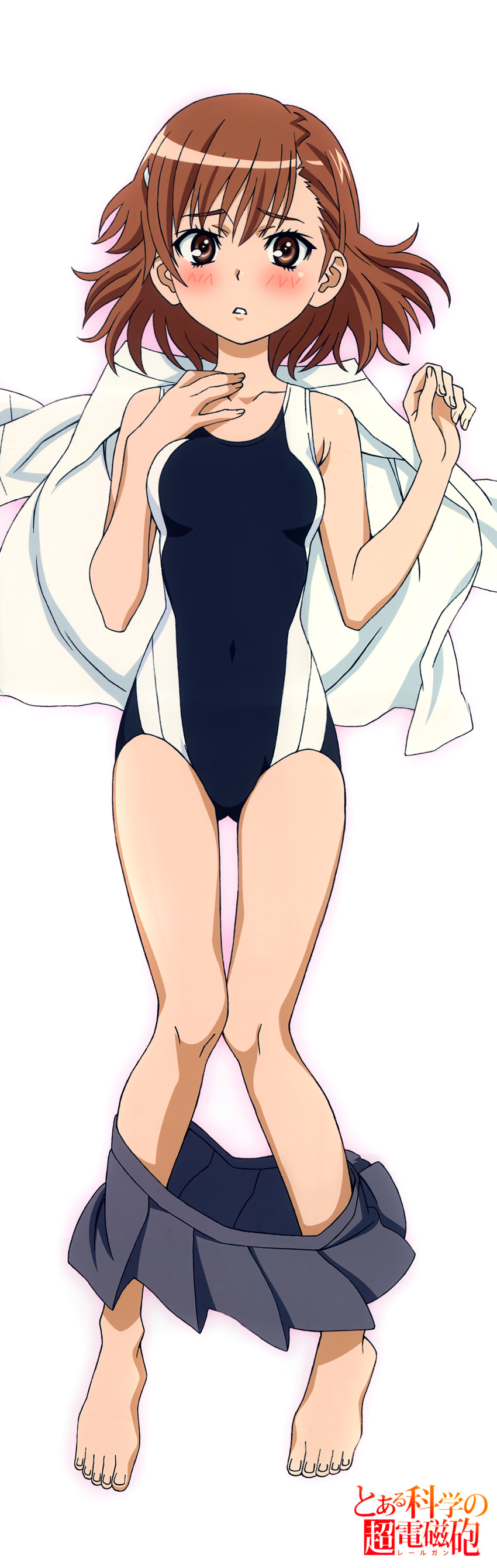 absurdres ass_visible_through_thighs barefoot blush breast_suppress brown_eyes brown_hair competition_swimsuit dakimakura full_body hara_shuuichi highres knees_together_feet_apart knees_touching legs long_legs lying misaka_mikoto navel on_back one-piece_swimsuit open_clothes open_shirt shirt short_hair skirt solo swimsuit swimsuit_under_clothes thigh_gap to_aru_kagaku_no_railgun to_aru_majutsu_no_index undressing