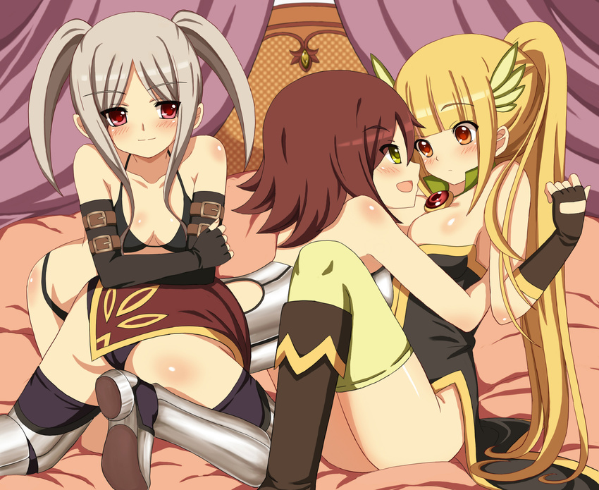 bad_id bad_pixiv_id bed bikini_top blonde_hair boots breasts brown_hair cleavage elbow_gloves fingerless_gloves gloves grey_hair highres large_breasts multiple_girls official_art ponytail red_eyes silver_hair smile thighhighs tonee tora_no_tsubasa twintails yuri